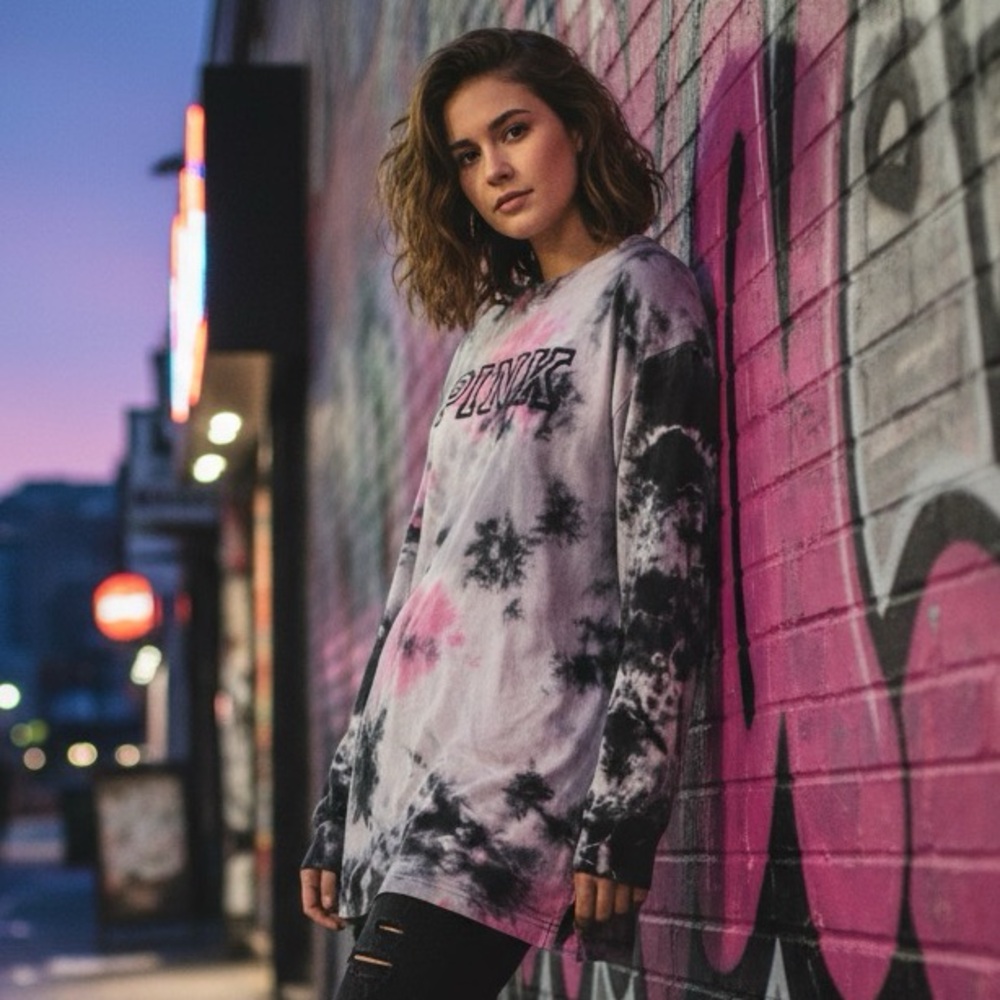 Victoria’s Secret PINK XS Tie Dye Long Sleeve Tee Shirt Black Pink Purple‎